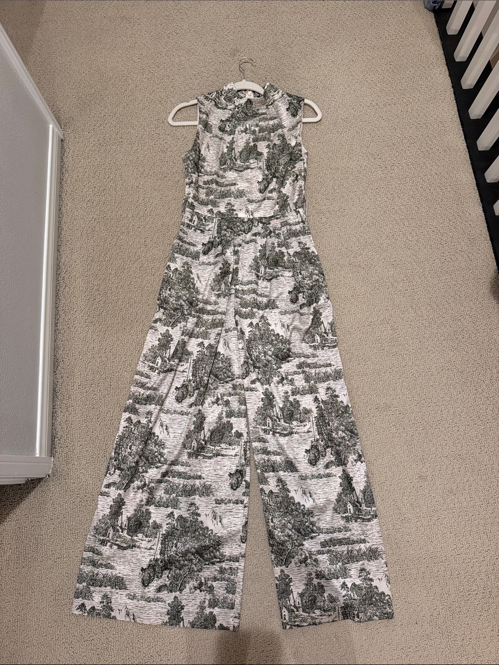 Sleeveless Wide-Leg Jumpsuit in Green Toile Print